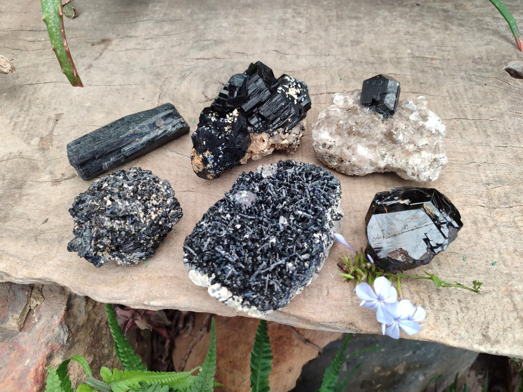 Natural Schorl Black Tourmaline with Associated Minerals x 6 From Erongo, Namibia