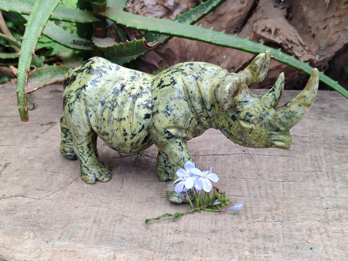 Hand Made Leopard Stone Rhino Carving x 1 From Nyanga, Zimbabwe