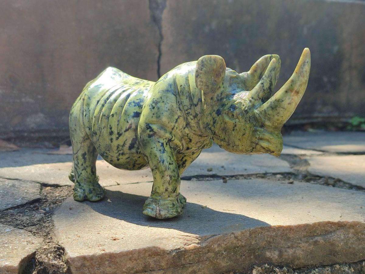 Hand Made Leopard Stone Rhino Carving x 1 From Nyanga, Zimbabwe