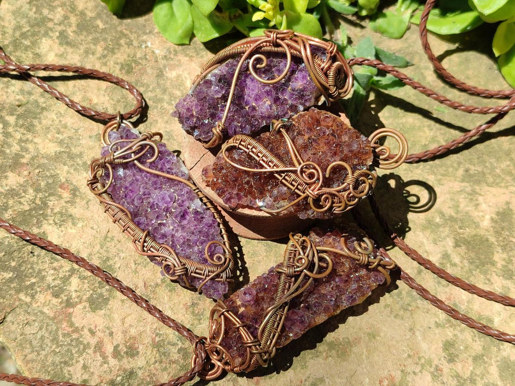 Hand Made Amethyst Plate Copper Wire Wrapped Stone Pendants -Sold Per Item- From Kwaggafontein, South Africa