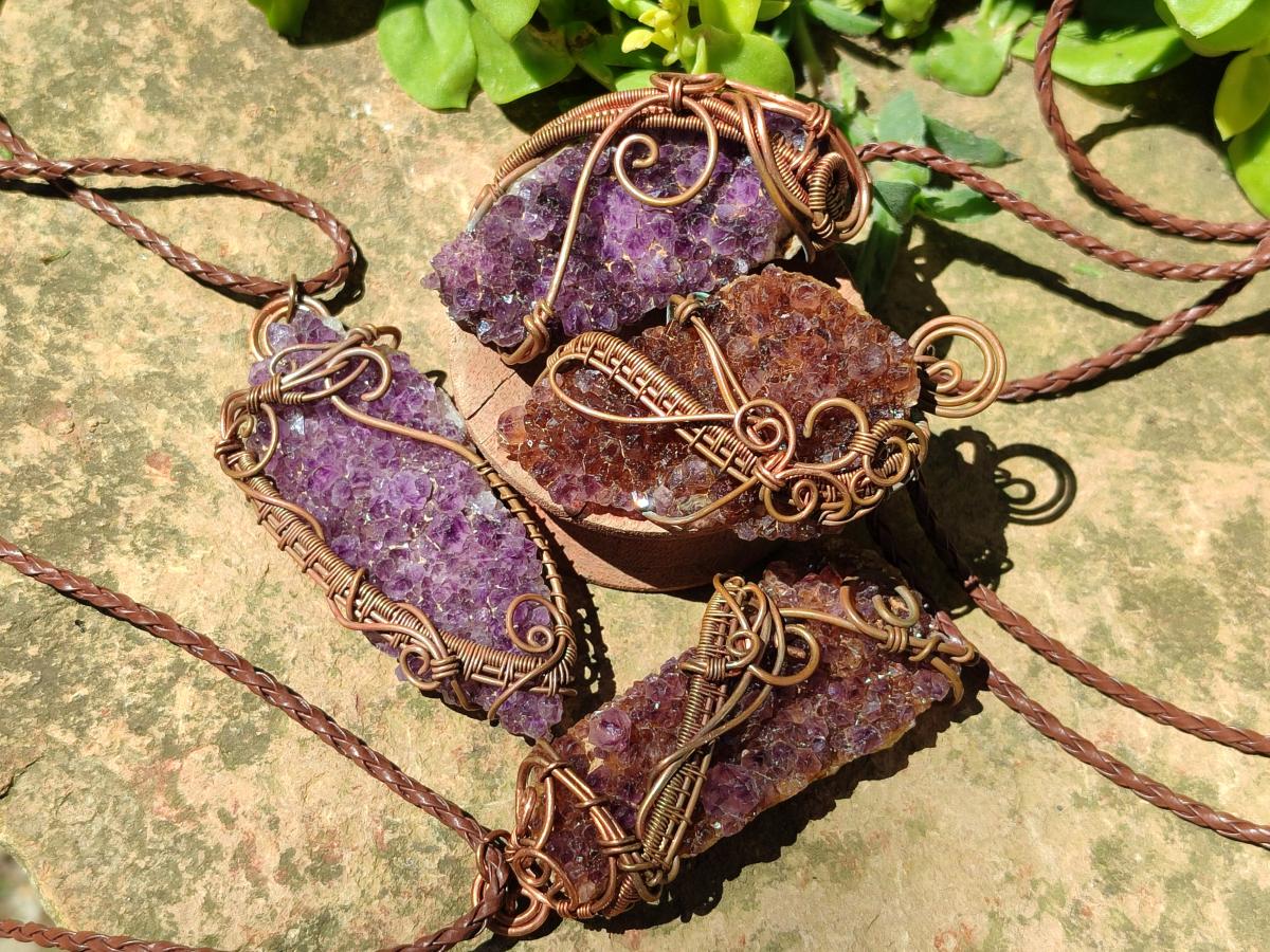 Hand Made Amethyst Plate Copper Wire Wrapped Stone Pendants -Sold Per Item- From Kwaggafontein, South Africa