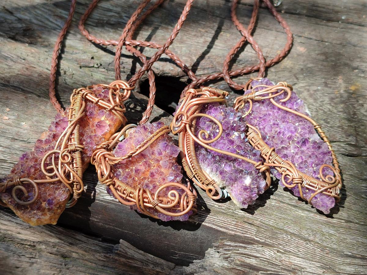 Hand Made Amethyst Plate Copper Wire Wrapped Stone Pendants -Sold Per Item- From Kwaggafontein, South Africa