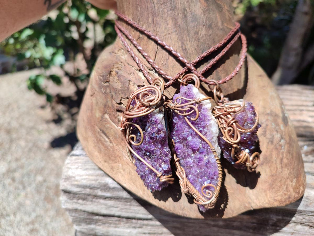 Hand Made Amethyst Plate Copper Wire Wrapped Stone Pendants -Sold Per Item- From Kwaggafontein, South Africa