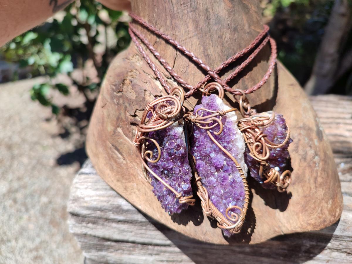 Hand Made Amethyst Plate Copper Wire Wrapped Stone Pendants -Sold Per Item- From Kwaggafontein, South Africa