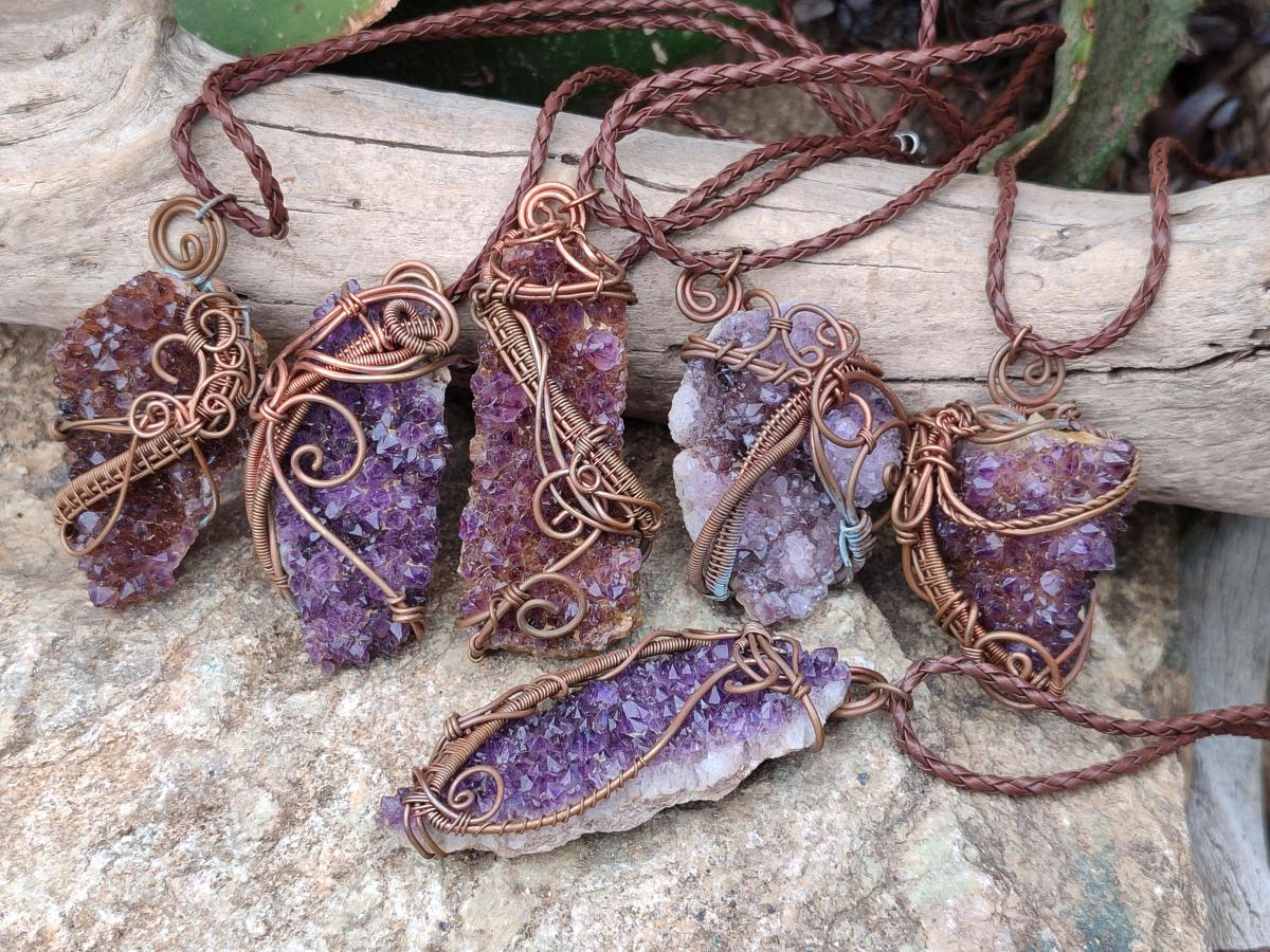 Hand Made Amethyst Plate Copper Wire Wrapped Stone Pendants -Sold Per Item- From Kwaggafontein, South Africa