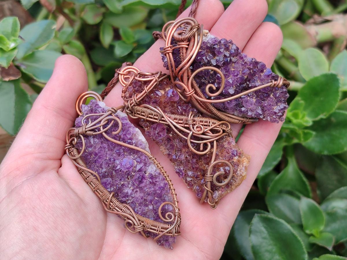 Hand Made Amethyst Plate Copper Wire Wrapped Stone Pendants -Sold Per Item- From Kwaggafontein, South Africa