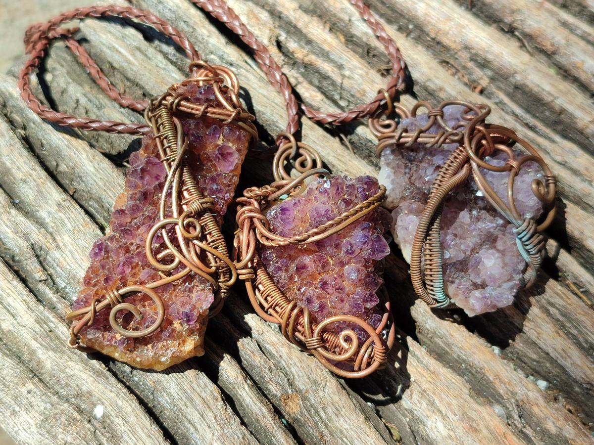 Hand Made Amethyst Plate Copper Wire Wrapped Stone Pendants -Sold Per Item- From Kwaggafontein, South Africa