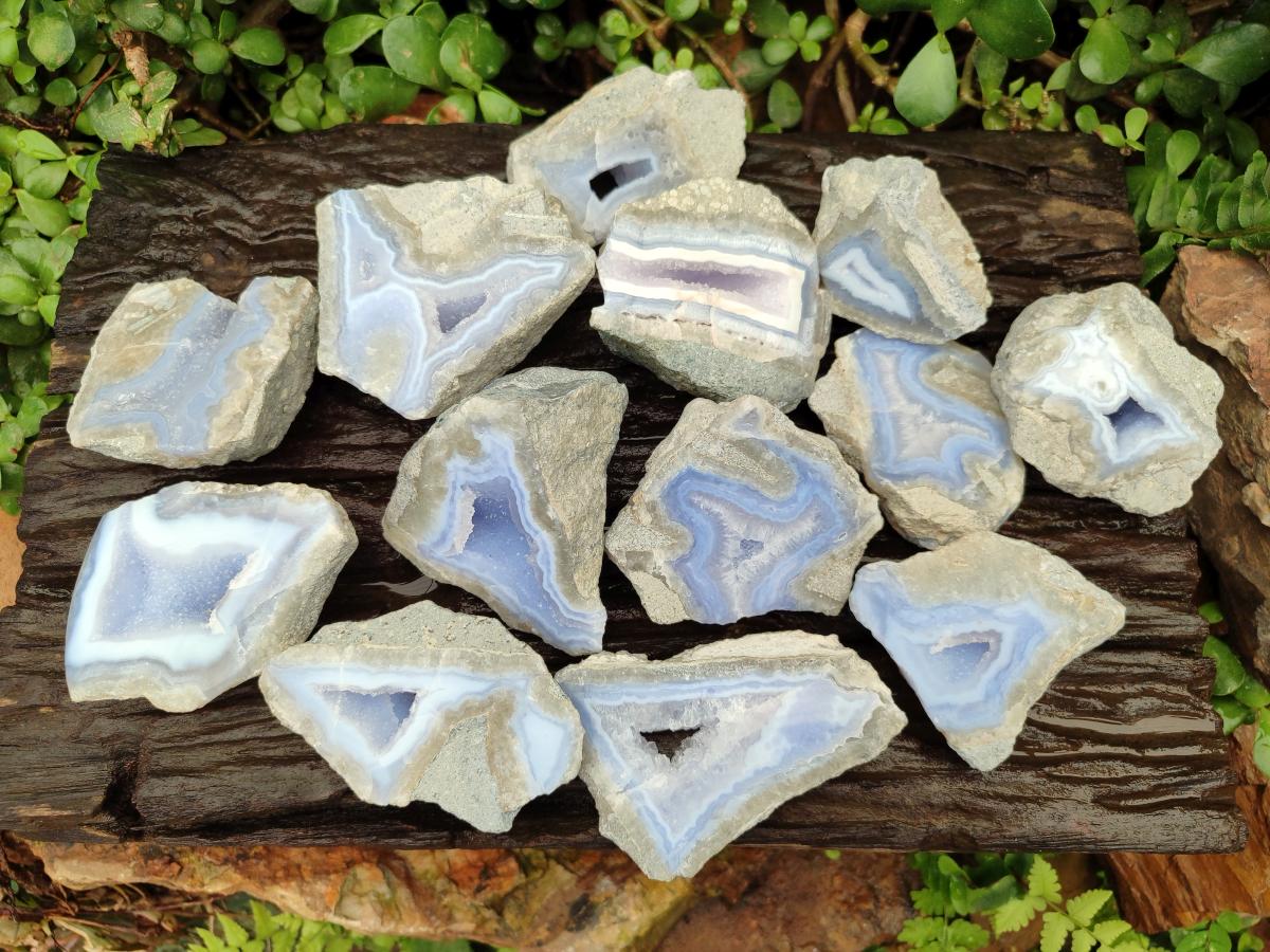 Polished On One Side Blue Lace Agate Geodes x 13 From Nsanje, Malawi