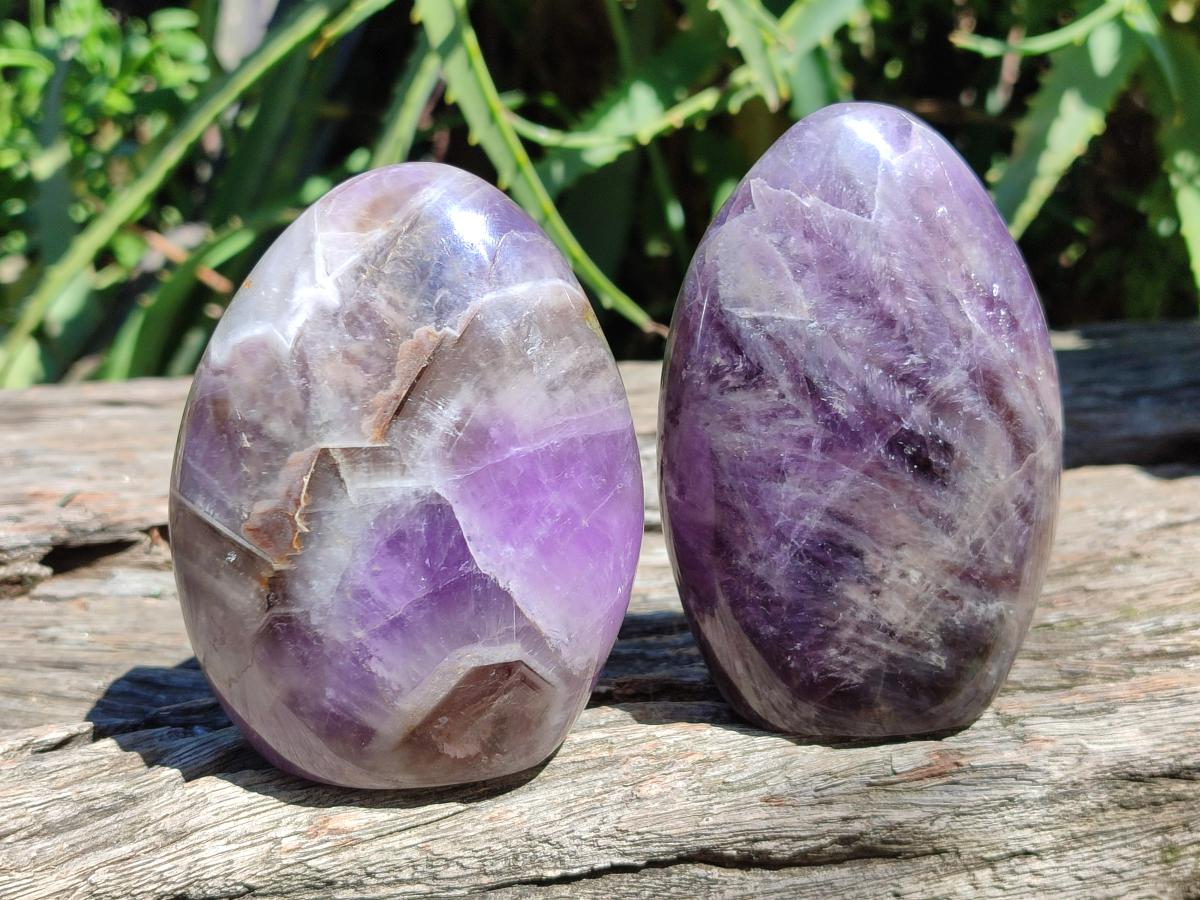 Polished Purple Chevron Amethyst Standing Free Forms x 3 From Madagascar