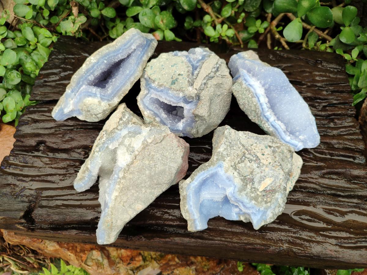 Natural Blue Lace Agate Geode Specimens x 5 From Nsanje, Malawi