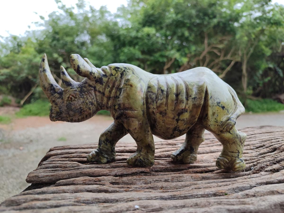 Hand Made Leopard Stone Rhino Carving x 1 From Nyanga, Zimbabwe