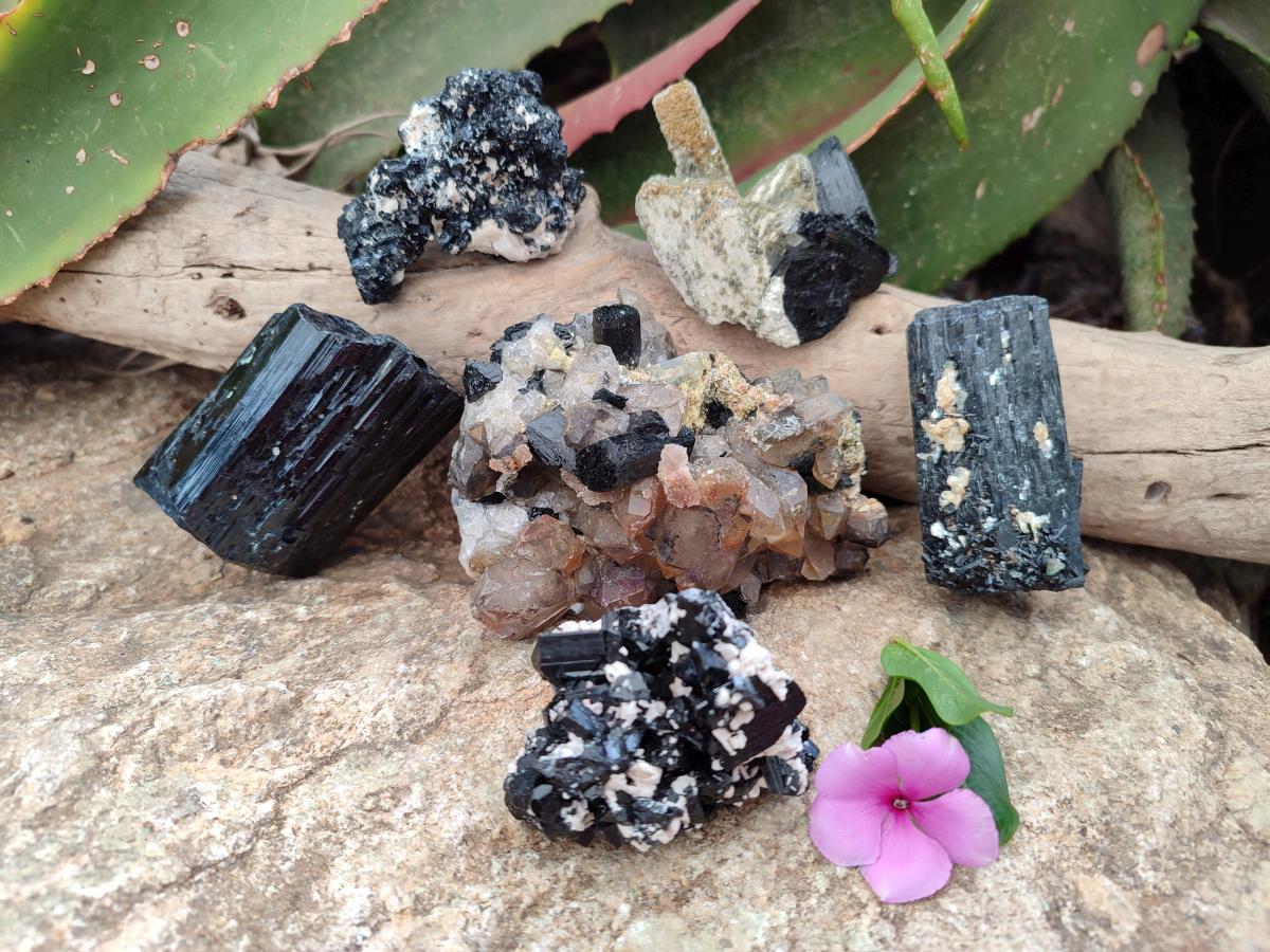 Natural Schorl Black Tourmaline with Associated Minerals x 6 From Erongo, Namibia