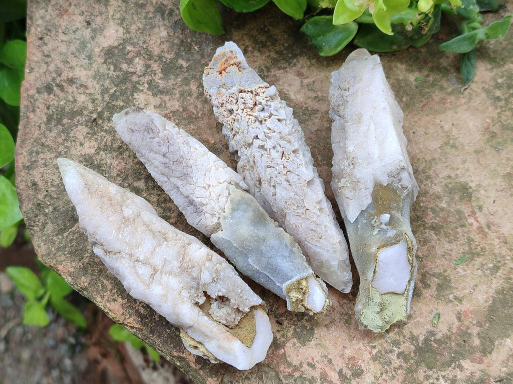 Natural Drusy Quartz Coated Spearhead Calcite Specimens x 12 From Albert's Mountain, Lesotho