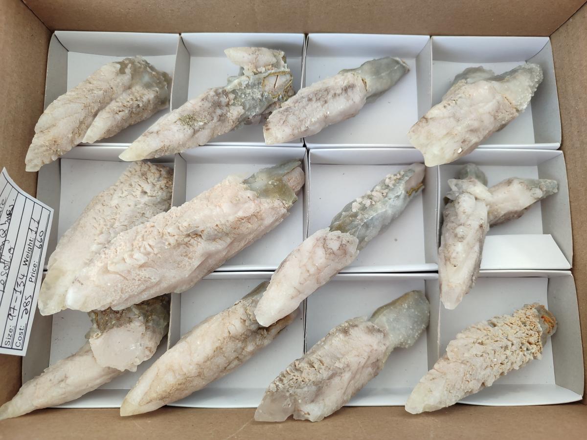 Natural Drusy Quartz Coated Spearhead Calcite Specimens x 12 From Albert's Mountain, Lesotho