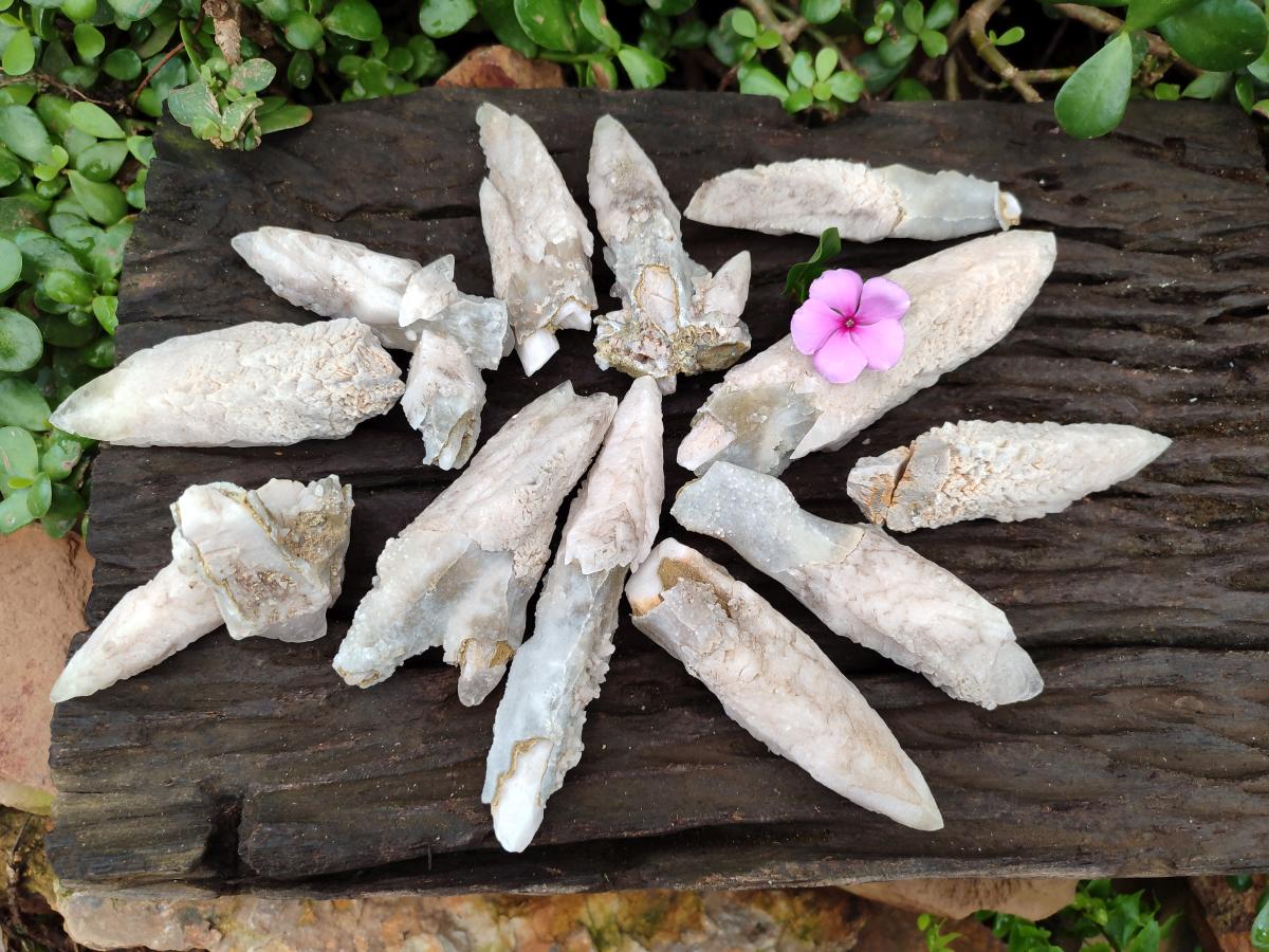 Natural Drusy Quartz Coated Spearhead Calcite Specimens x 12 From Albert's Mountain, Lesotho