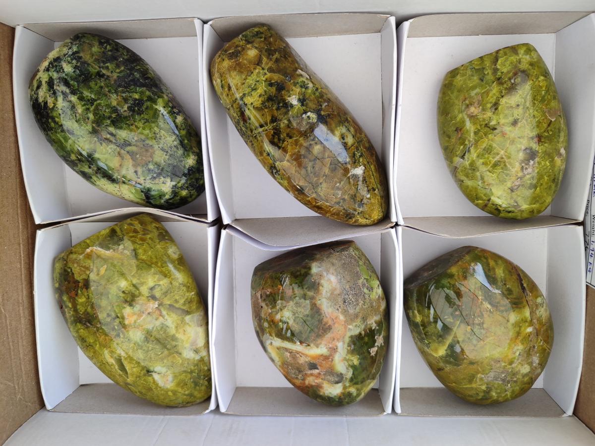 Polished Green Opal Standing Free Forms x 6 From Betroka, Madagascar