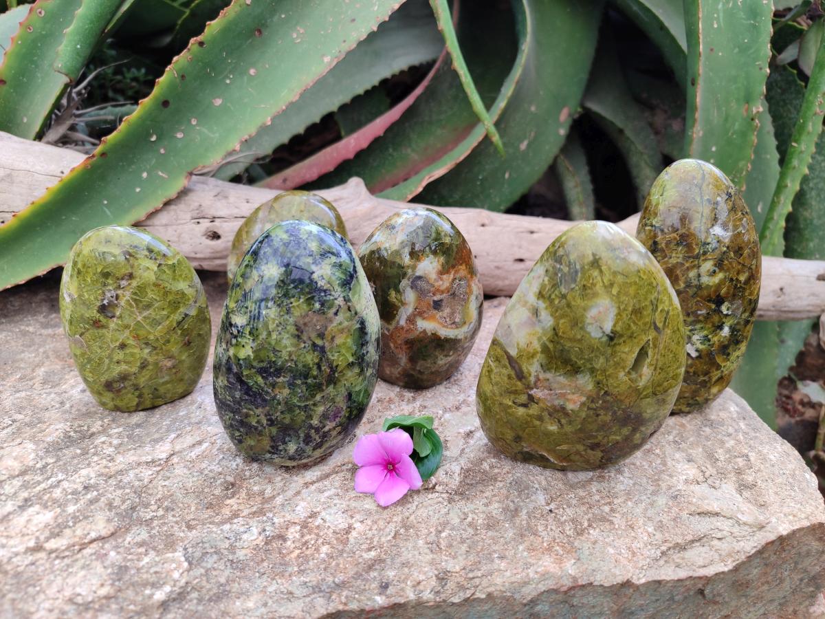 Polished Green Opal Standing Free Forms x 6 From Betroka, Madagascar
