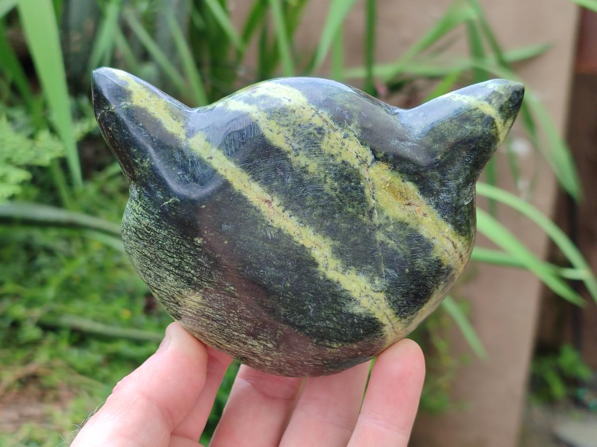 Hand Made Leopard Stone Cat Face Carvings x 3 From Zimbabwe