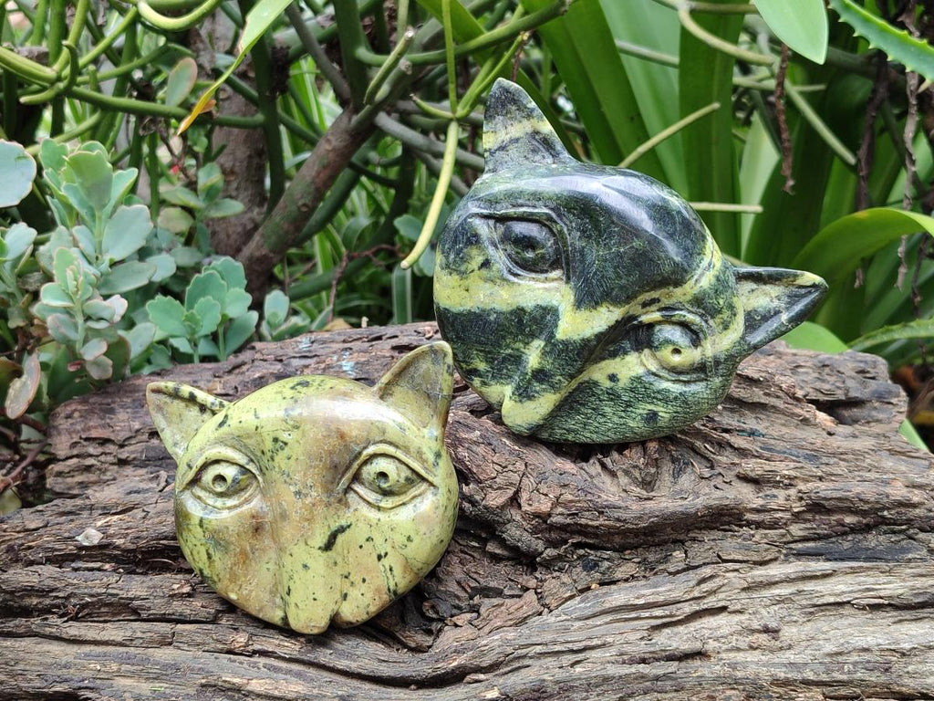 Hand Made Leopard Stone Cat Face Carvings x 3 From Zimbabwe
