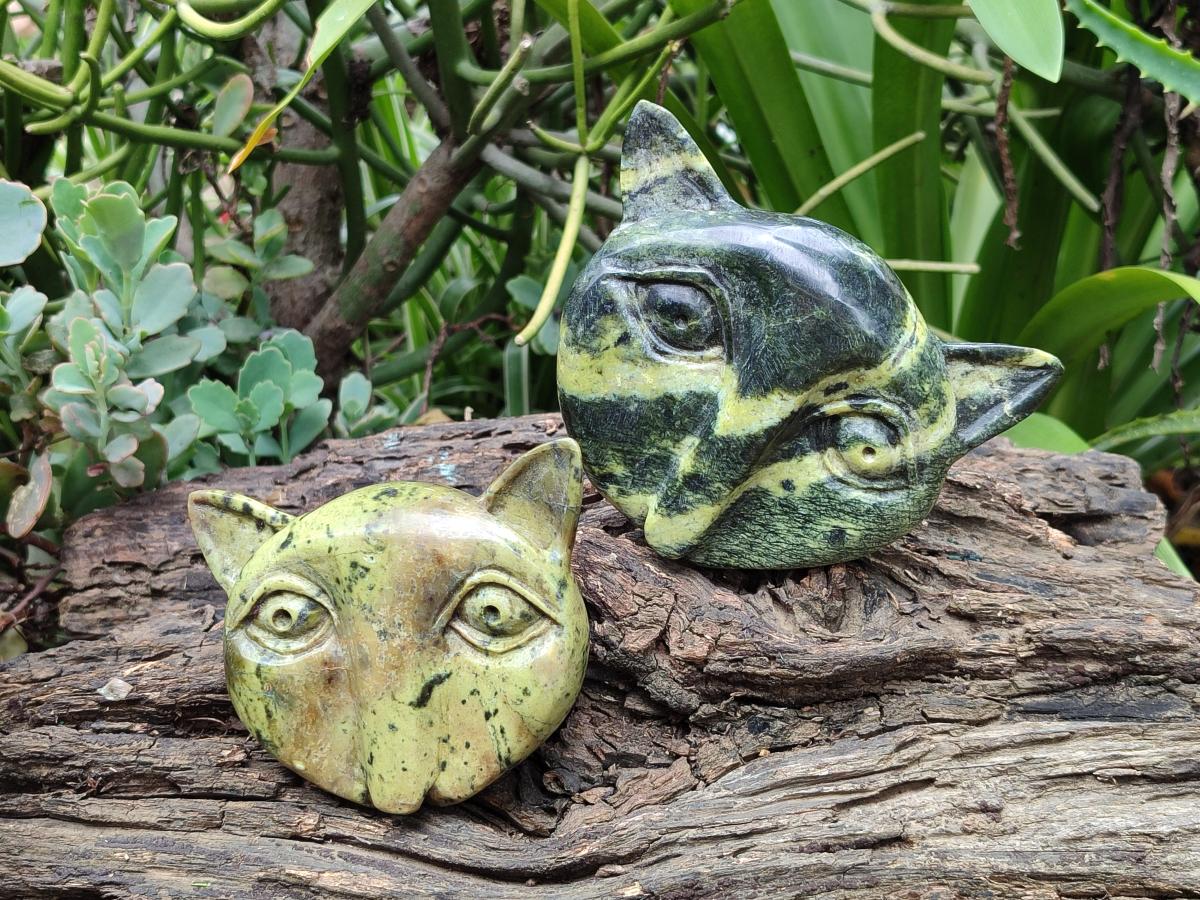 Hand Made Leopard Stone Cat Face Carvings x 3 From Zimbabwe