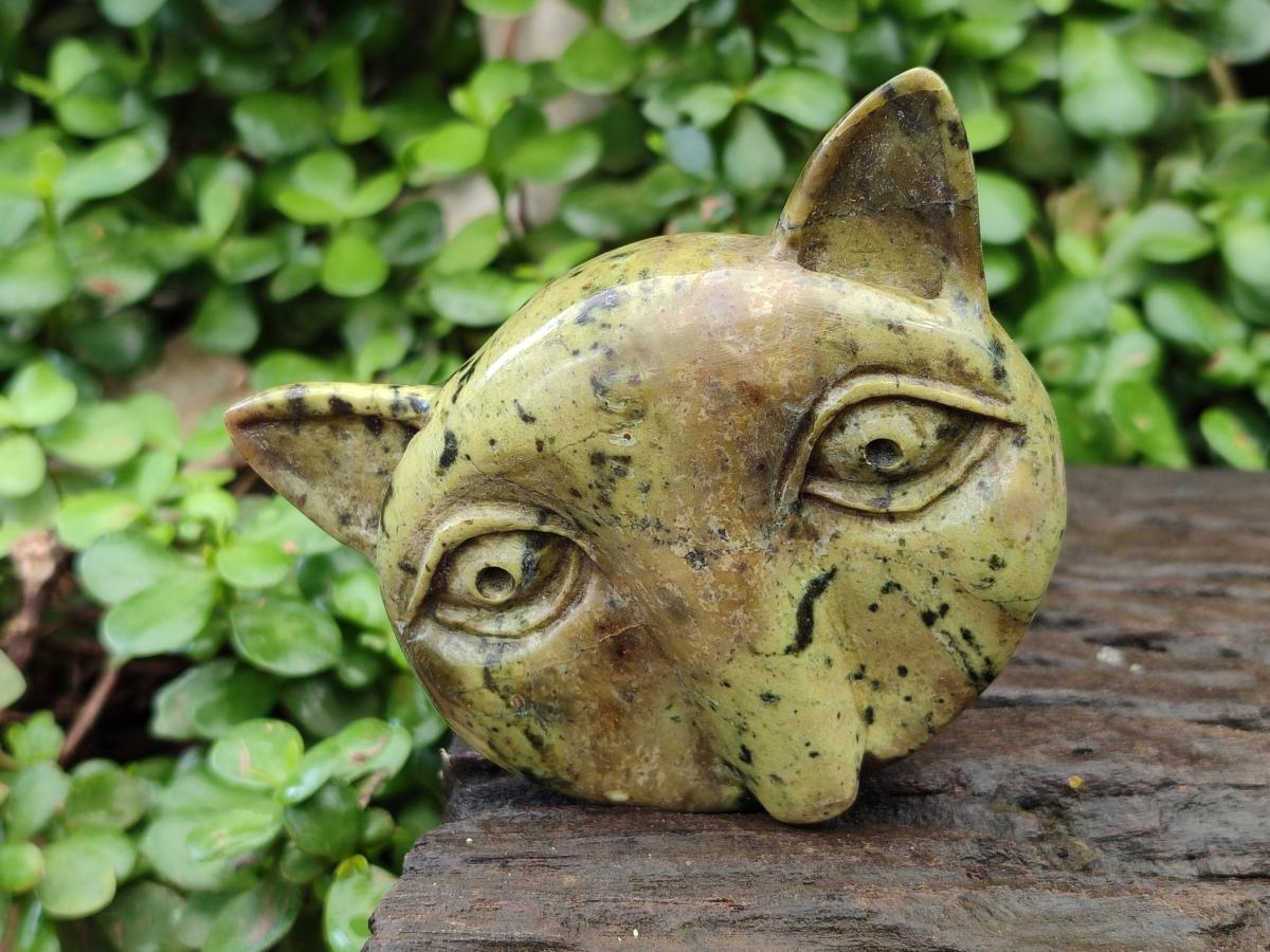 Hand Made Leopard Stone Cat Face Carvings x 3 From Zimbabwe
