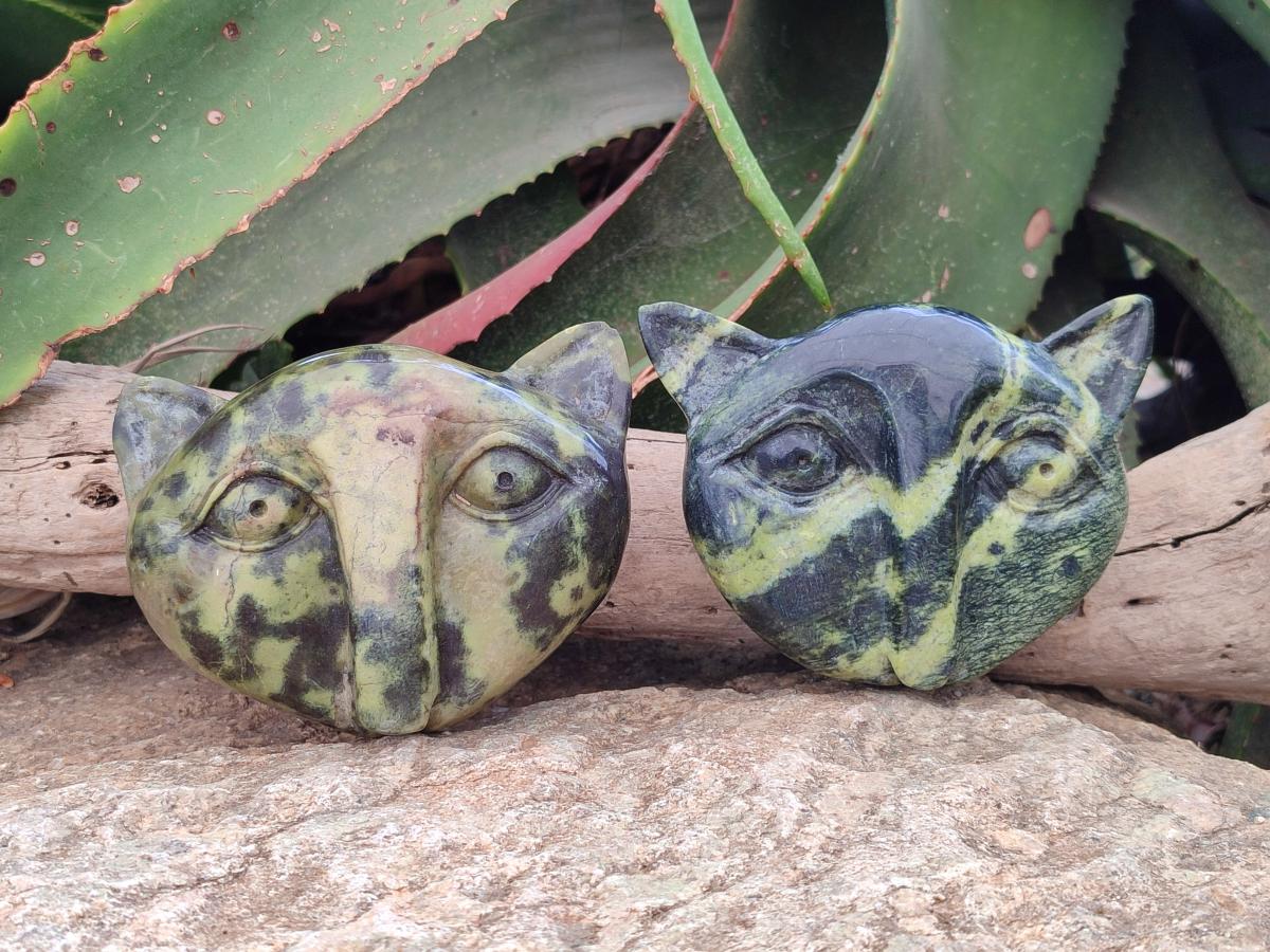 Hand Made Leopard Stone Cat Face Carvings x 3 From Zimbabwe