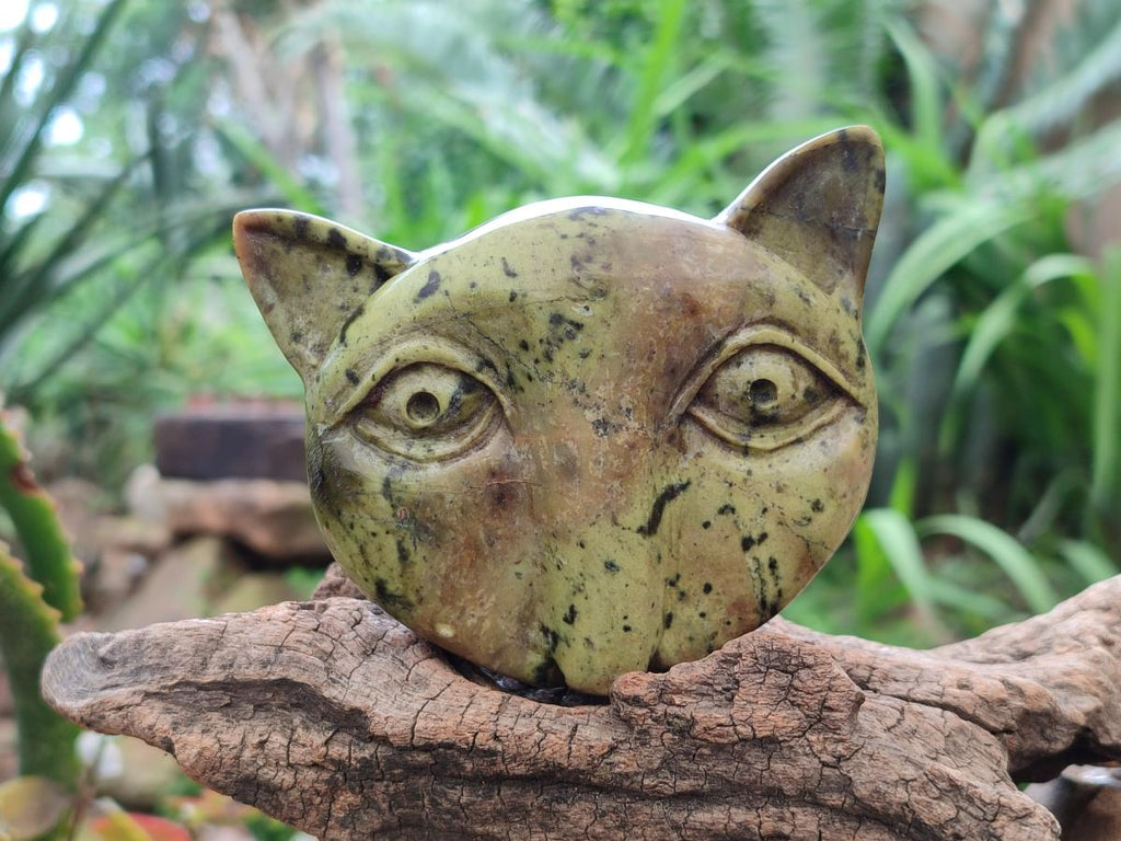 Hand Made Leopard Stone Cat Face Carvings x 3 From Zimbabwe