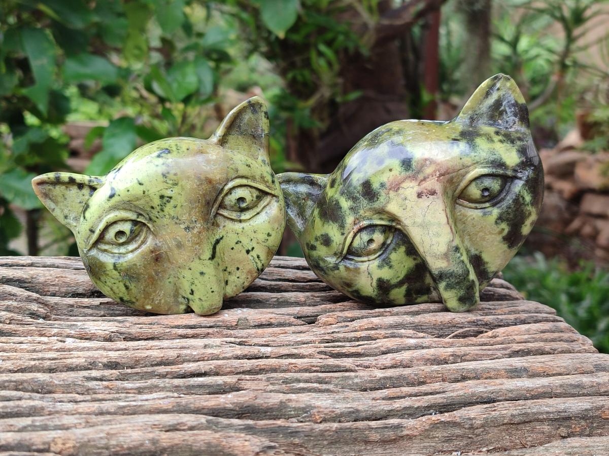 Hand Made Leopard Stone Cat Face Carvings x 3 From Zimbabwe