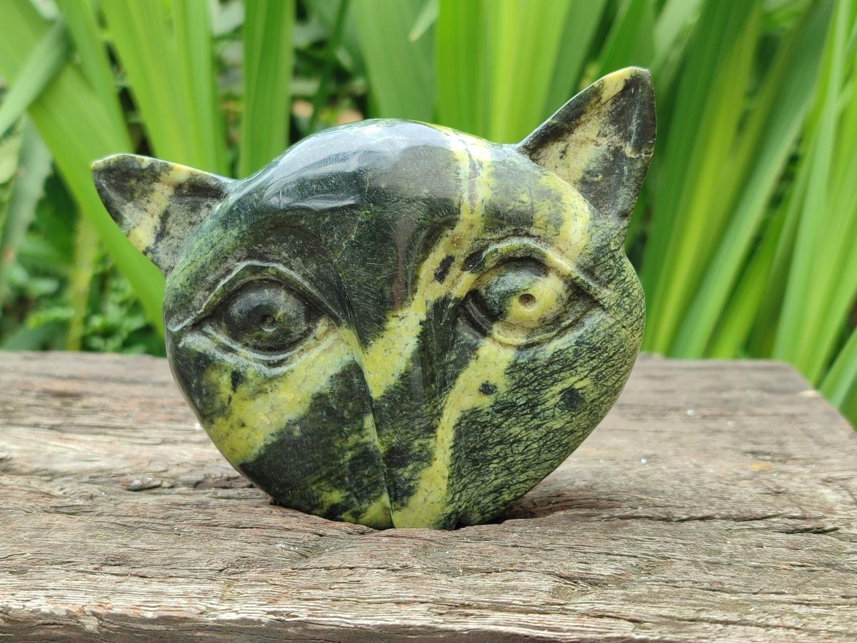 Hand Made Leopard Stone Cat Face Carvings x 3 From Zimbabwe
