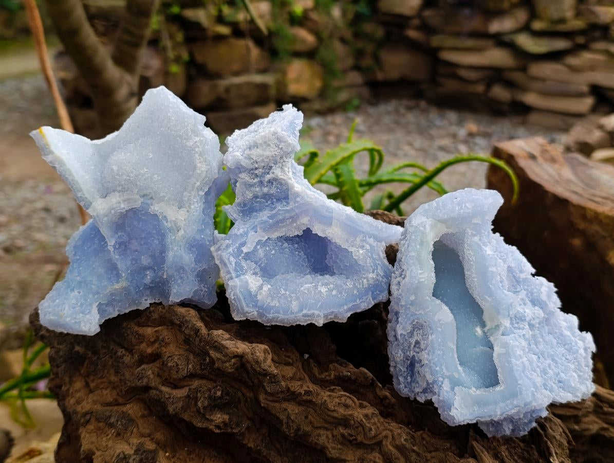 Natural Large Etched Blue Chalcedony Geode x 3 From Nsanje, Malawi - Toprock Gemstones and Minerals 