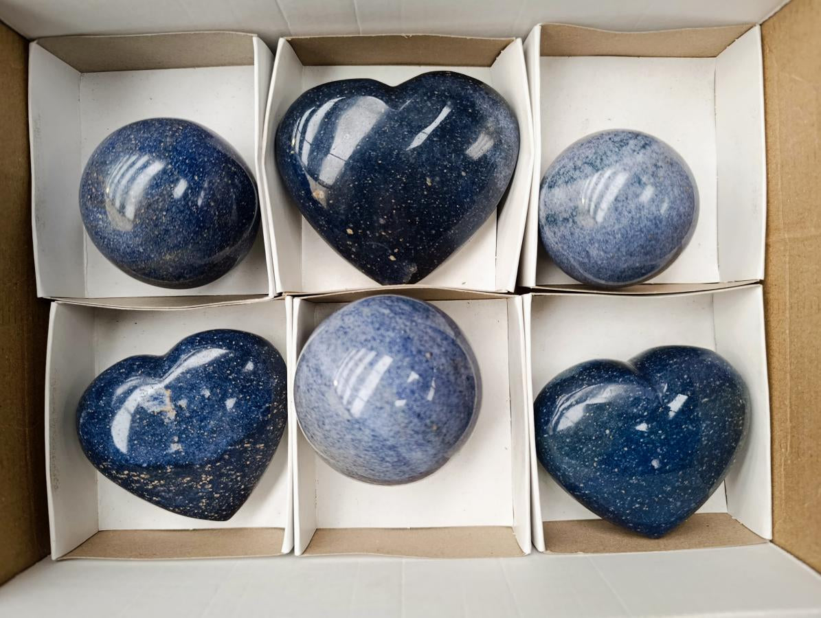 Polished Mixed Tray of Lazulite Hearts and Spheres x 6 From Madagascar
