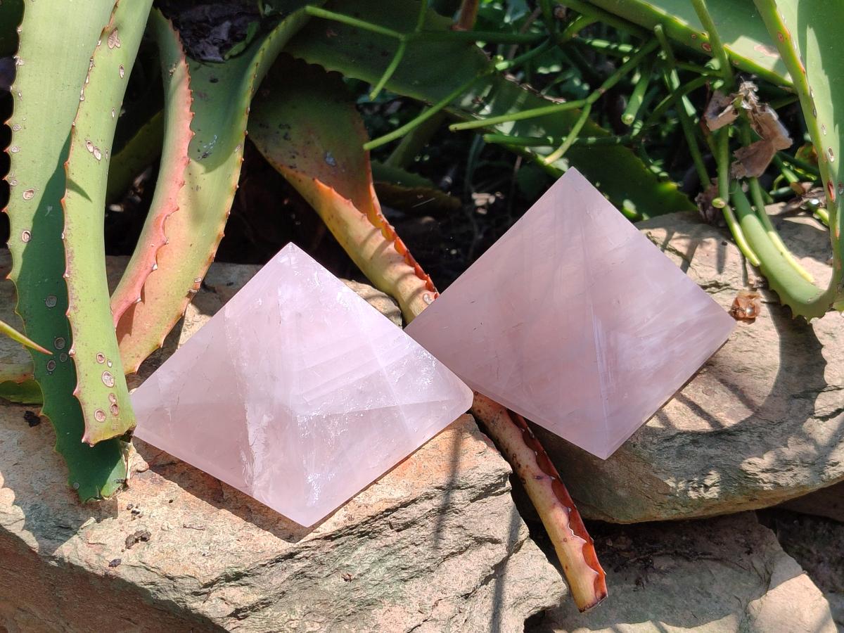 Polished Rose Quartz Pyramids x 2 From Madagascar