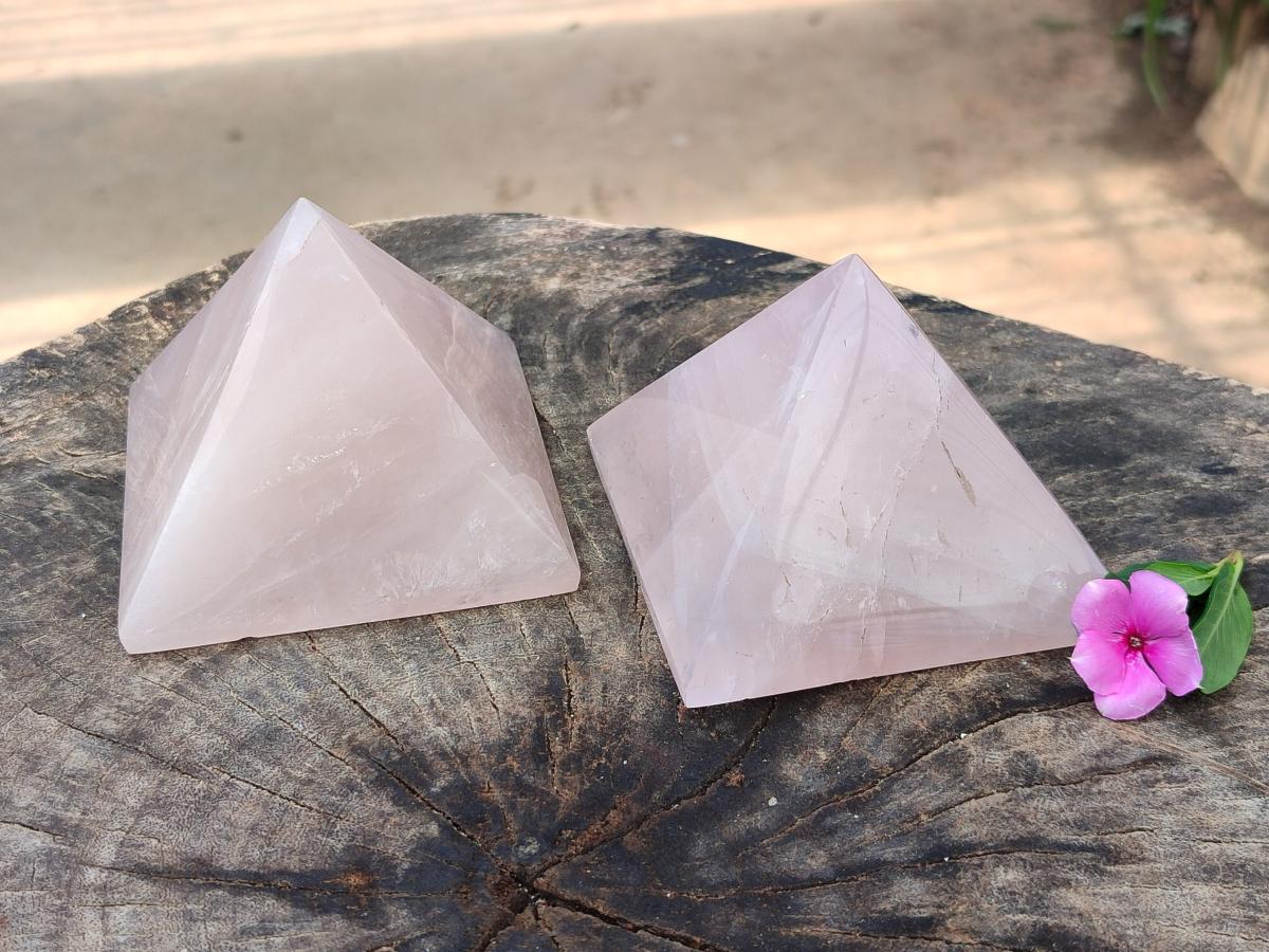 Polished Rose Quartz Pyramids x 2 From Madagascar