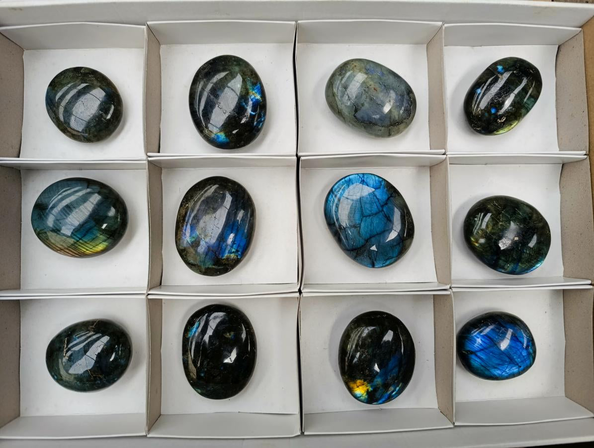 Polished Large Labradorite Palm Stones x 12 From Tulear, Madagascar