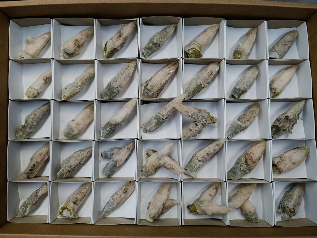 Natural Drusy Quartz Coated Spearhead Calcite Specimens x 35 From Albert's Mountain, Lesotho