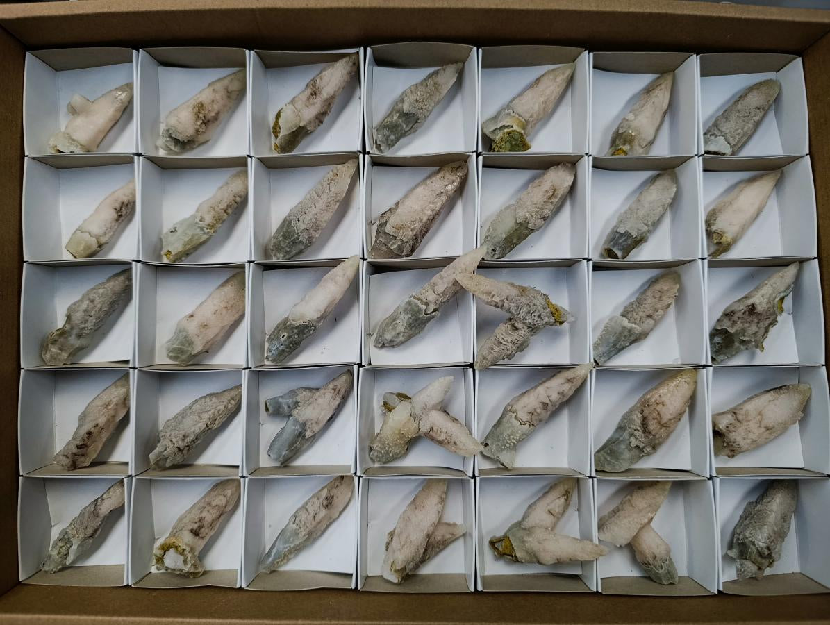 Natural Drusy Quartz Coated Spearhead Calcite Specimens x 35 From Albert's Mountain, Lesotho