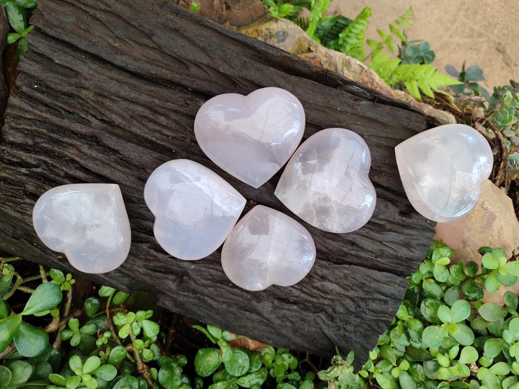 Polished Gemmy Rose Quartz Hearts x 6 From Madagascar