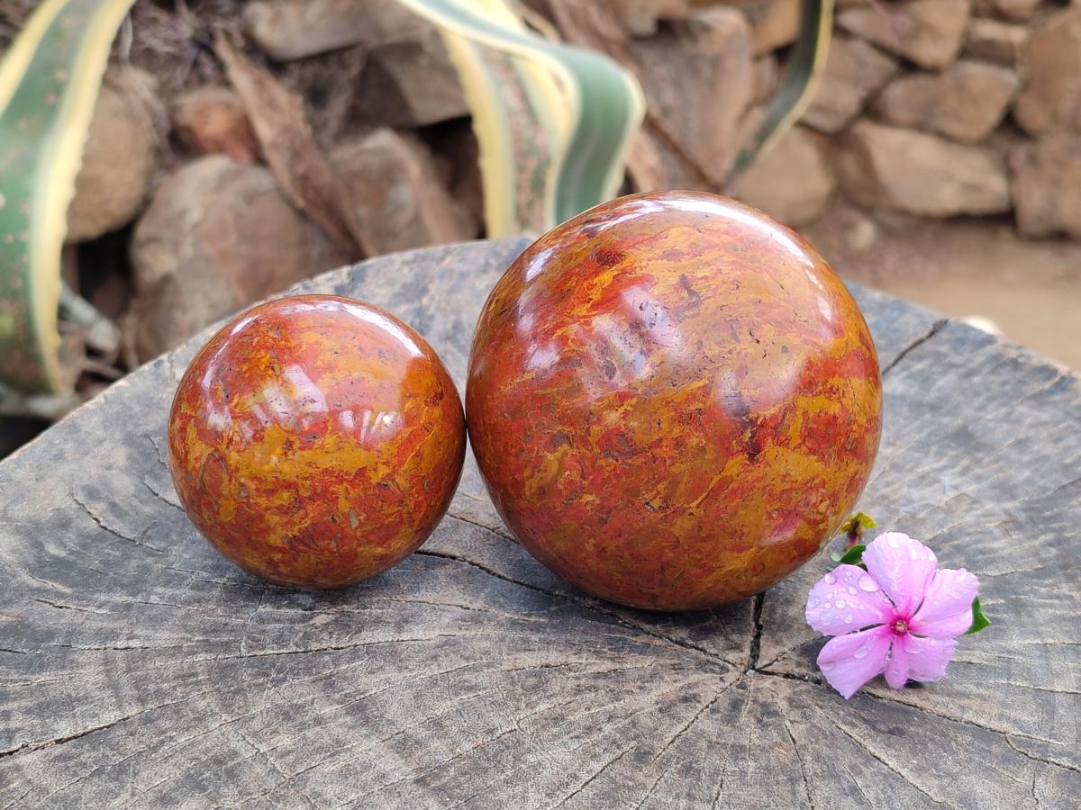 Polished Red and Yellow Flame Jasper Spheres x 2 From Madagascar