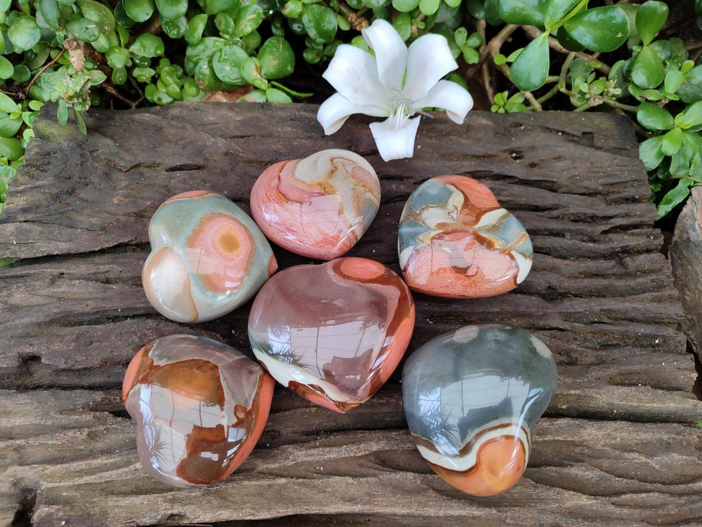 Polished Polychrome Jasper Hearts x 6 From NW Coast, Madagascar