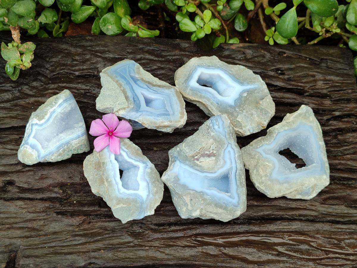 Polished On One Side Blue Lace Agate Geodes x 6 From Nsanje, Malawi