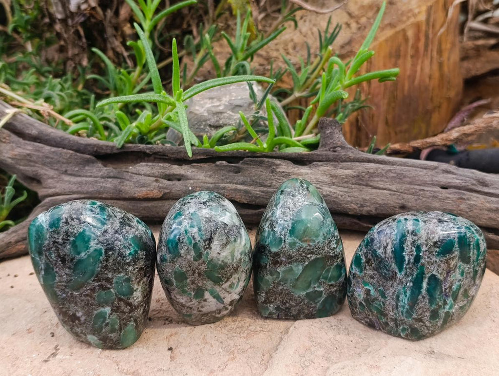 Polished Mutokolite Emerald Muscovite Mica Standing Free Forms x 4 From Mutorashanga, Zimbabwe