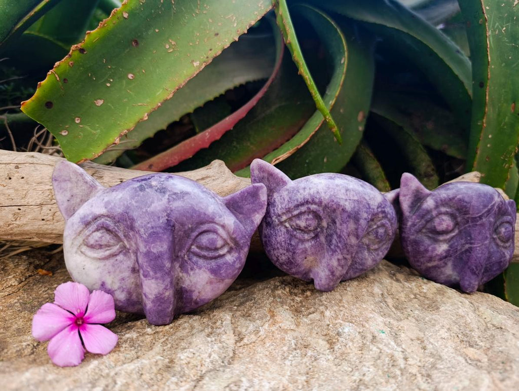 Hand Made Purple Lepidolite Cat Face Carvings x 3 From Nyanga, Zimbabwe