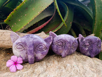 Hand Made Purple Lepidolite Cat Face Carvings x 3 From Nyanga, Zimbabwe