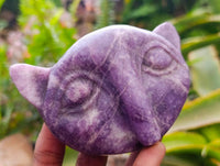 Hand Made Purple Lepidolite Cat Face Carvings x 3 From Nyanga, Zimbabwe