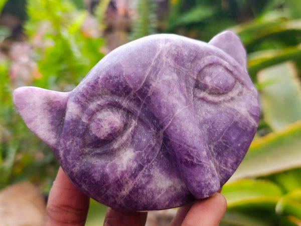 Hand Made Purple Lepidolite Cat Face Carvings x 3 From Nyanga, Zimbabwe