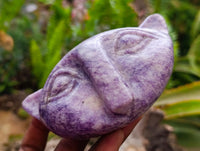 Hand Made Purple Lepidolite Cat Face Carvings x 3 From Nyanga, Zimbabwe