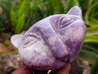 Hand Made Purple Lepidolite Cat Face Carvings x 3 From Nyanga, Zimbabwe