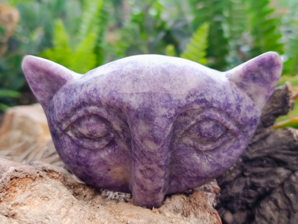 Hand Made Purple Lepidolite Cat Face Carvings x 3 From Nyanga, Zimbabwe