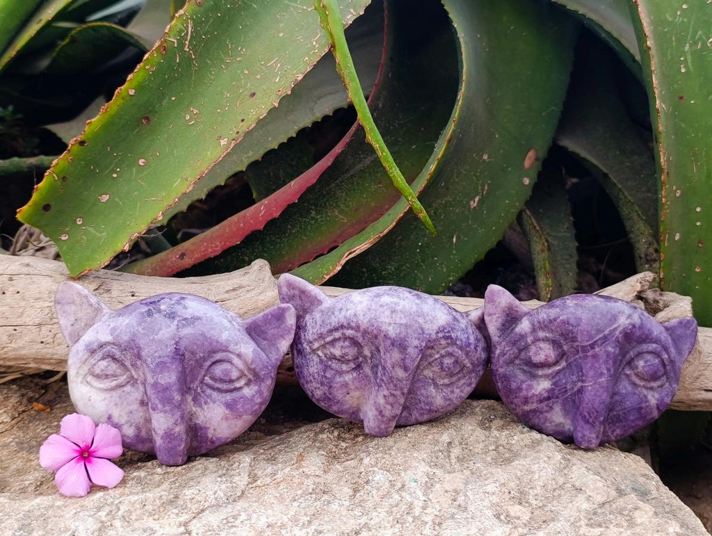 Hand Made Purple Lepidolite Cat Face Carvings x 3 From Nyanga, Zimbabwe