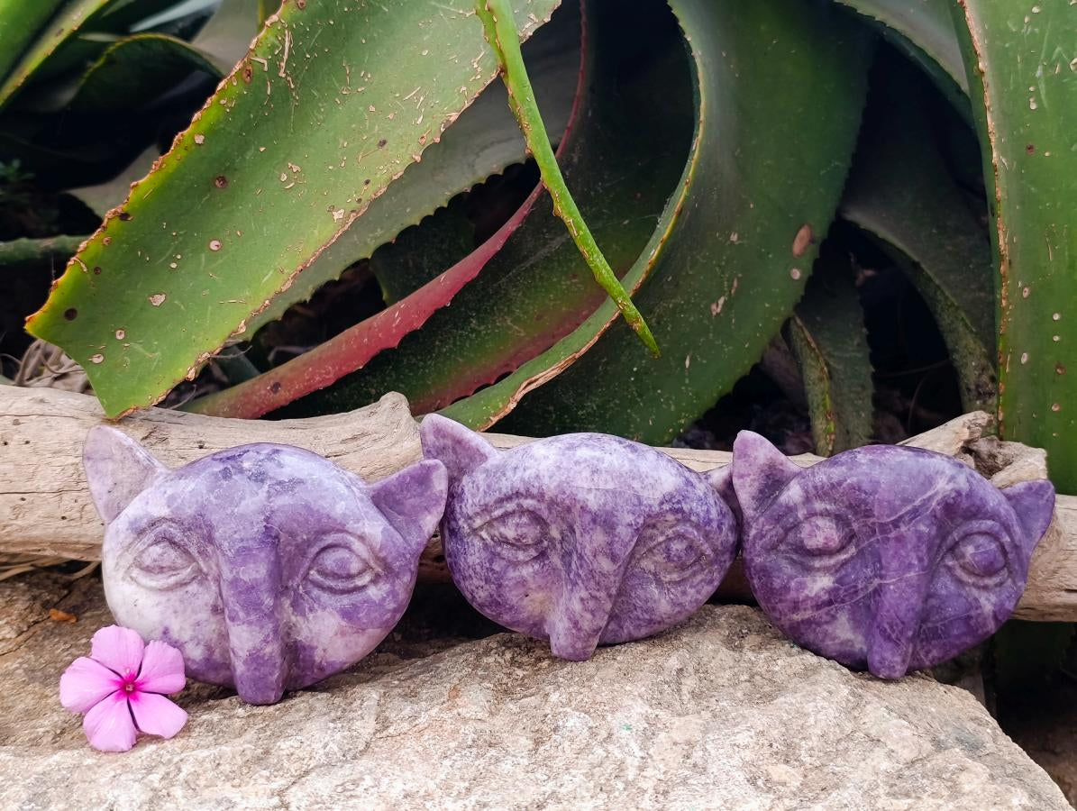 Hand Made Purple Lepidolite Cat Face Carvings x 3 From Nyanga, Zimbabwe